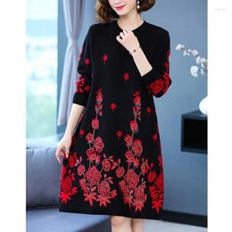 Casual Dresses Elegant O-Neck Knitted Printed Diamonds Mini Dress Women's Clothing 2024 Autumn Winter Oversized Office Lady Ladies