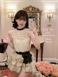 Work Dresses Korean Fashion Sweet Polka Dot Chiffon Sleeveless Vest Top 2024 Women's Spring Bow Cake Skirt Two-piece Set Female Clothing