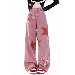 Womens Pink Jeans Letters Printed Highwaisted American Street Wide Leg Pants Hiphop Fashion Retro Straight Y2K Winter 240416