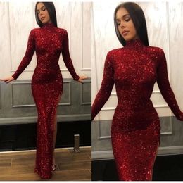 Neck Bury High Sequins Mermaid Prom Dresses Long Sleeves Split Sweep Train Formal Party Wear Gowns BC
