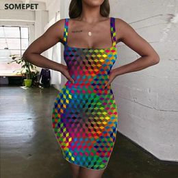 Casual Dresses SOMEPET Cube Women Colourful Sundress Graphics Bodycon Dress Art Vestido Sexy Womens Clothing Mini Evening Short Boho