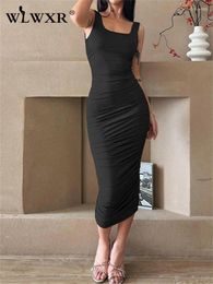 Casual Dresses WLWXR Autumn Sexy Pleated Maxi Club Outfit For Women 2024 Camis Bodycon Party Long Dress Female Solid