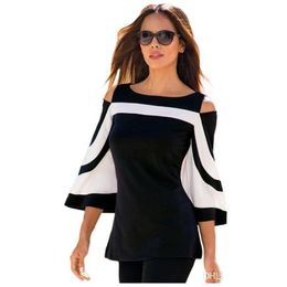 FashionNew Designer Womens Blouse Black White Colour block Bell Sleeve Cold Shoulder Top Mujer Camisa Feminina Office Ladies 6490163