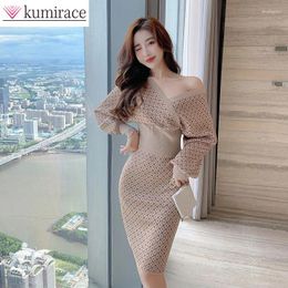 Work Dresses Elegant Women's Set 2024 Slim Fit Color-blocking V-neck Sexy Top Waist Wrap Hip Skirt Knitted Two-piece Party