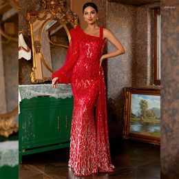 Casual Dresses Summer Formal Occasion Women One Shoulder Red Sequined Wedding Bridesmaid Cocktail Prom Evening Party Long Mermaid Dress