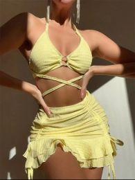 Set Sexy Yellow Bikini Women Solid Halter Ring Linked Criss Cross Cover Up 3 Piece Swimsuit 2024 Bathing Suit Ruffles Skirt Swimwear