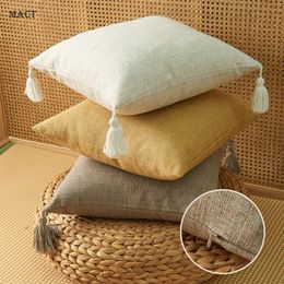 MACT Solid Faux Linen Cushion Cover With Tassels Square Pillowcase Japanese Style Case Decorative Home Living Room Sofa 240428