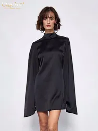 Casual Dresses Clacive Fashion Loose Black Satin Women'S Dress Stand Collar Long Sleeve Mini Elegant Simple Sliky Female