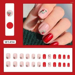 False Nails Long Square Fashion French Red Flowers Press On Detachable Full Cover Fake Nials Women Girls