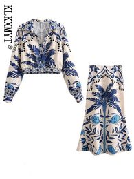 TRAF Women Fashion Print Midi Skirts Set Woman 2 Pieces Suit Female Long Sleeve Blouses Tops Vintage Casual Sets 240422