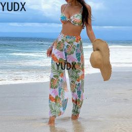 Set Summer Leaf Print Women's Swimsuit Fashion Bikini Set and Coverup Long Pants 3 Piece Set Brazil Push Up Beachwear Bathing Suit