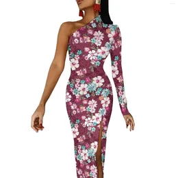 Casual Dresses Ditsy Floral Bodycon Dress Autumn Awesome Flowers Elegant Side Split Long Sleeve Graphic Aesthetic