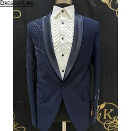 Navy Blue Men Suits Beading Crystal Groom Wedding Tuxedos 2 Pieces Sets Dinner Prom Blazers Terno Masculino Completo Custom Made