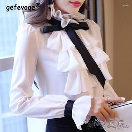 Women's Blouses Spring Autumn Elegant Fashion Ruffles Lace Up Bow Shirt Lady Long Sleeve All-match Pullover Top Women Slim White Vintage