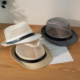 Berets Unisex Hollow Mesh Jazz Hat Solid Color Belt Decor Breathable Sun Flat Top Wide Brim Sunscreen