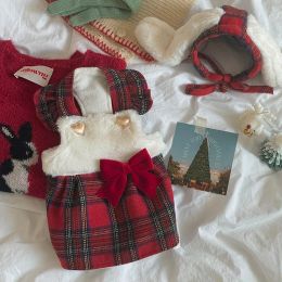 Dresses Pet Warm Princess Dress Autumn Winter Medium Small Dog Clothes Wool Vest Christmas Cute Hat Sweet Hood Kitten Puppy Plaid Skirt