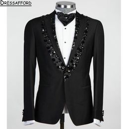 Black Square Drill Beading Men Suits Formal Party Two Pieces Groom Wear ( Jacket + Pants )