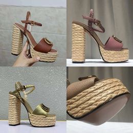 Heeled Womens Ankle Band Designer High Quality Woven Lafite Straw Shoes Cow Leather 13CM Heel Thick Platform Casual Sandals Factory Shoe Original Quality