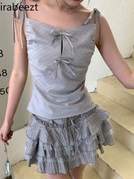 Two Piece Dress Bow Embellished Lace-up Sleeveless Halter Slim-fit Blouse Grey Lace Mesh Patchwork Skirt 2 Sets Womens Outfits
