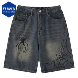 Y2K Blue Denim Shorts Spider Cobweb Printed Summer Loose Casual Jeans Fashion Harajuku Hip Hop Streetwear for Men 240417