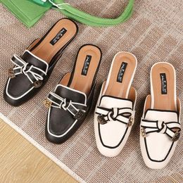 Slippers 2024 Summer Bowknot Women Round Toe Girl Beach Flats Kawaii Metal Lady Outside Black Female Barefoot Mules Shoes