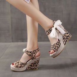 2024 Bow Wedged Leopard Print Sandals Thick Platform Waterproof Ribbon A Line Button Summer Casual Womens Shoes 240424