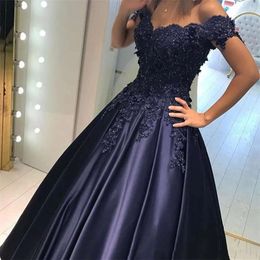 A Dark Navy Line Bury Evening Dresses Off The Shoulder Lace Floral Appliques Beaded Long Plus Size Prom Dress Custom Made Women Special Ocn Gowns ppliques