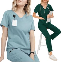 Uniformer Kvinnor Scrubs Set Work Wear Nursing Enfermeria Top Pant Uniform Beauty Salon Hospital Suits 240418
