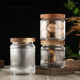Storage Bottles Wooden Glass Sealed Jar Kitchen Seasoning Candy Embossed Transparent Tea Coffee Bean Pot Food Container Home
