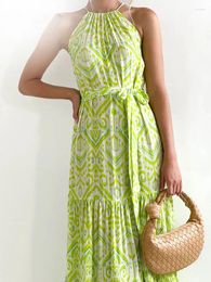 Casual Dresses Lemon Yellow Boho Print Dress Women Elegant Halter Sleeveless Belt Large Hem Long Summer Holiday Beach Party Maxi