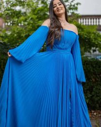 Party Dresses Blue Long Sleeve Women Evening Dress Elegant Boat Neck Sashes Prom Gown Floor Length Formal 2024 Plus Size