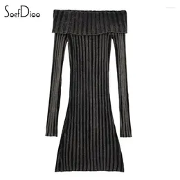 Casual Dresses Soefdioo Fashion Off Shoulder Long Sleeve Bodycon Knitted Sweater Mini Dress Women 2024 Spring Sexy Party Club Vestidos