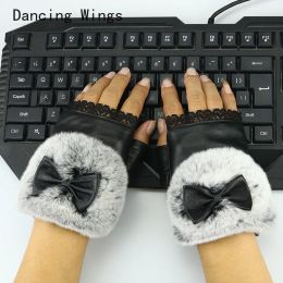 Women's leather half finger gloves for autumn and winter warmth sheep skin rabbit fur, writing and computer gloves