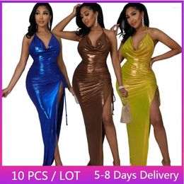 Casual Dresses Satin Sexy Bandage Bodycon Dress Women Clothing Halter Backless Party For Club Drawstring High Slit Maxi