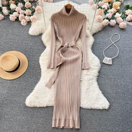 Casual Dresses Autumn Winter Elegant Turtleneck Knitted Sweater Dress With Belt Lady Wrap Hips Bodycon Women