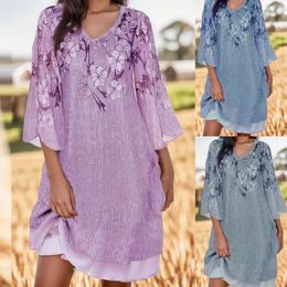 Casual Dresses Floral Print Double Layer Irregular Dress Women Vintage V Neck 3/4 Sleeve Loose Summer Autumn Midi Plus Size Robe