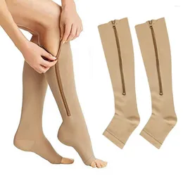 Women Socks Sport Open Toe Style Zipper Compression Stretchy Yoga Leg Sleeve For Girl Knee High Stockings