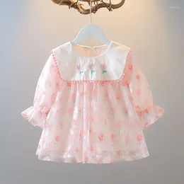 Girl Dresses Spring Autumn Children's Clothing Patchwork Doll Collar Floral Printing Nine Points Sleeve Girls Net Yarn One Grain Buckle