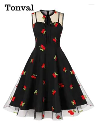 Casual Dresses Tonval Cherry Embroidered Mesh Black For Women Bow Neck Keyhole Sleeveless Prom Party Elegant Vintage 2024