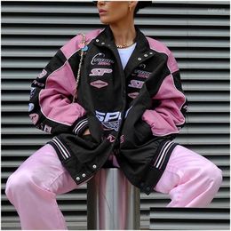 Womens Jackets Women Jacket Bomber Outerwear Oversize Patchwork Y2K Vintage Varsity Baseball Racing Coat Fashion Drop Delivery Apparel Dhr5X