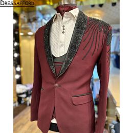 Dark Red Beading Appliques 2 Pieces Blazer Pants Men Suits Tuxedo High Fashion Wedding Prom Plus Size Custom Made