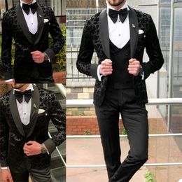 조각 3 아플리케이드 남자 로얄 프린트 블랙 커스텀 웨딩 웨딩복 라펠 고품질 패션 공식 비즈니스 코트 포트 팬츠 베스트