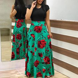 Casual Dresses Women Dress Short Sleeves O Neck Patchwork Floral Printed Vestidos Female Long Maxi Robe