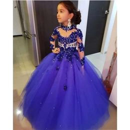 Flower Blue Line Tulle A 2020 Sheer Long Sleeves Beaded Lace Applique Girls' Pageant Party Princess Dresses Bc3677 pplique