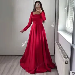 Party Dresses FDHAOLU Red Satin Evening Dress For Wedding Long Sleeve Square Neck Prom Gown Vestidos De Noche