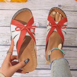 Slippers Bow Hollow Tie Mid Heeled Fashion Casual Shoes Streetwear Summer Solid Colour Outdoor Beach Women'S Sandals