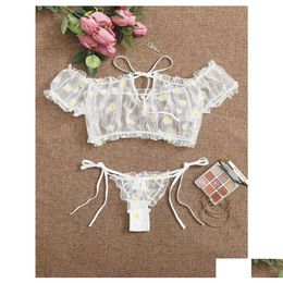 Bras Sets Porno Women Y Lingerie Set Costumes Babydoll 2Pcs Pyjamas Thongs Tops Daisy Print Lace Transparent Seethrough Drop Delivery Otfha