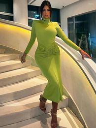 Casual Dresses Women Winter Turtleneck High Waist Folds Mid-calf Party Dress 2024 Long Sleeve Shoulder Pads Bodycon Evening Green Black