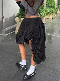 Skirts Folds Black Mini Skirt For Women High Waist Fashion Asymmetrical Loose Female2024Street Woman Y2k