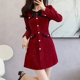 Casual Dresses Sweet Bow Red Dress Autumn Winter Fashion Round Neck Color Matching Small Fragrance Vintage Elegant Women Black